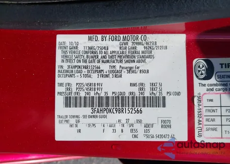 2011 Ford Fusion Sport z USA, uszkodzony, nr VIN 3FAHP0KC9BR152566